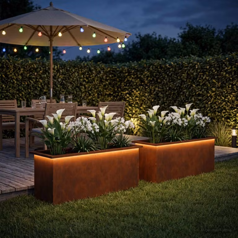 Set di 2 fioriere da giardino con LED vidaXL in acciaio, colore marrone, L: 100 cm, P: 40 cm, H: 40 cm