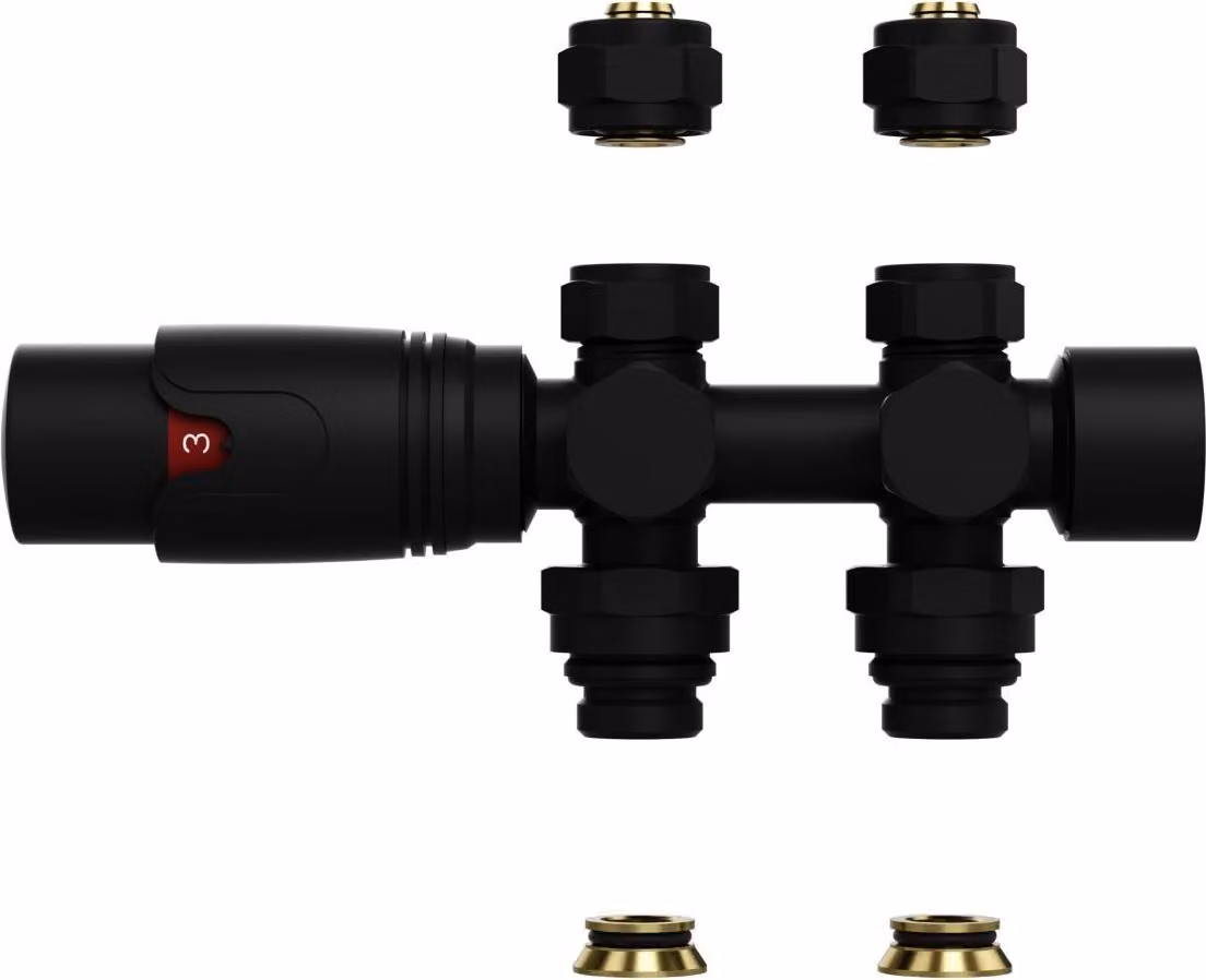 Valvola termostatica per radiatori Belvit Design, colore nero opaco, adatta per collegamento a muro o a pavimento, con attacco 1/2", compatibile con tubi PEX 16 x 2 mm e conico M30