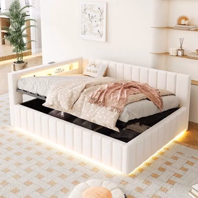 Letto imbottito contenitore con LED ¨C Minimal ¨C 140x200 cm velluto beige