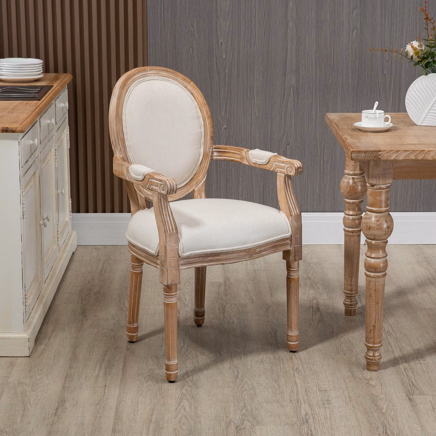 Sedia da salotto HOMCOM in stile classico imbottita con rivestimento in tessuto, Bianco Crema, L: 56 cm, P: 54 cm, H: 96 cm – 2