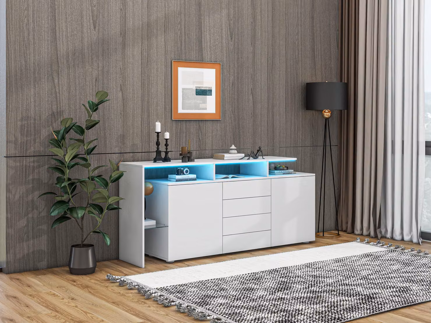 Credenza STILVORA con 4 cassetti e 2 ante, mobile laterale con illuminazione LED, mobile da soggiorno in bianco lucido, PB