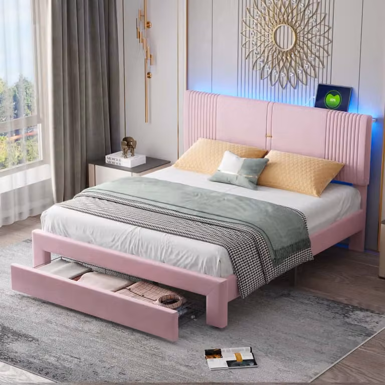 Letti imbottiti AIORBER, 160 x 200 cm, con illuminazione LED e USB, ampio cassetto, rivestimento in velluto, robusta struttura in metallo, letto matrimoniale, rosa