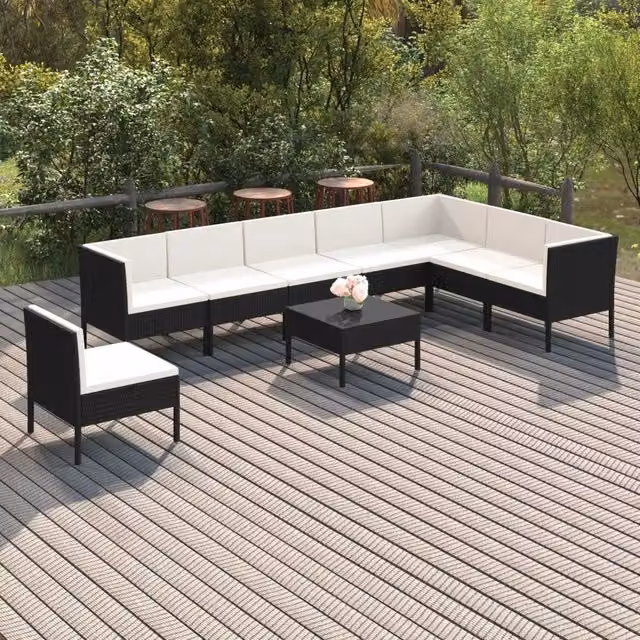 Set di Divani da Giardino a L vidaXL in Polyrattan Nero con Cuscini e Tavolino da Caffè