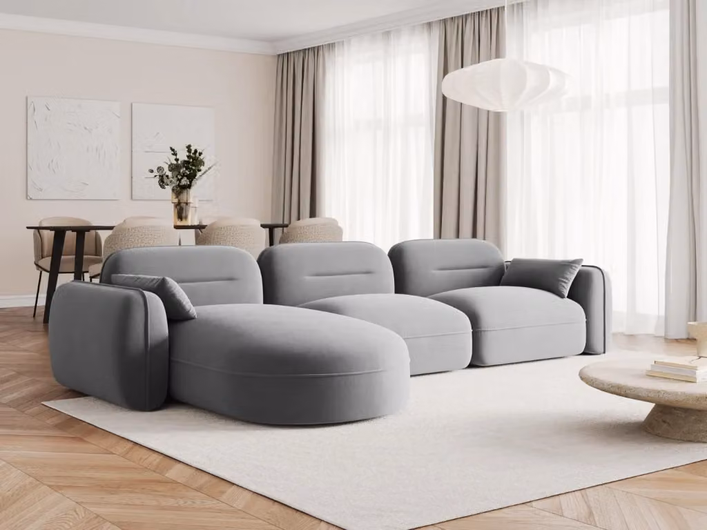 Divano angolare modulare Sydney Cosmopolitan Design a 4 posti in velluto grigio, configurazione sinistra, L 320 x P 165 x H 70 cm – 2