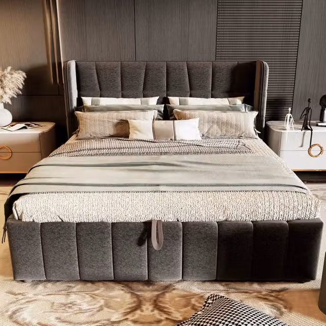 Letto matrimoniale imbottito 180 × 200 cm contenitore con rete a doghe in tessuto di lino grigio struttura in metallo