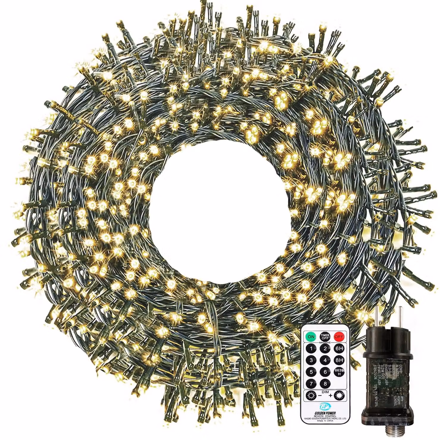 Catena luminosa a LED, 20 metri, 200 LED, luce bianco caldo, grado di protezione IP65, con telecomando