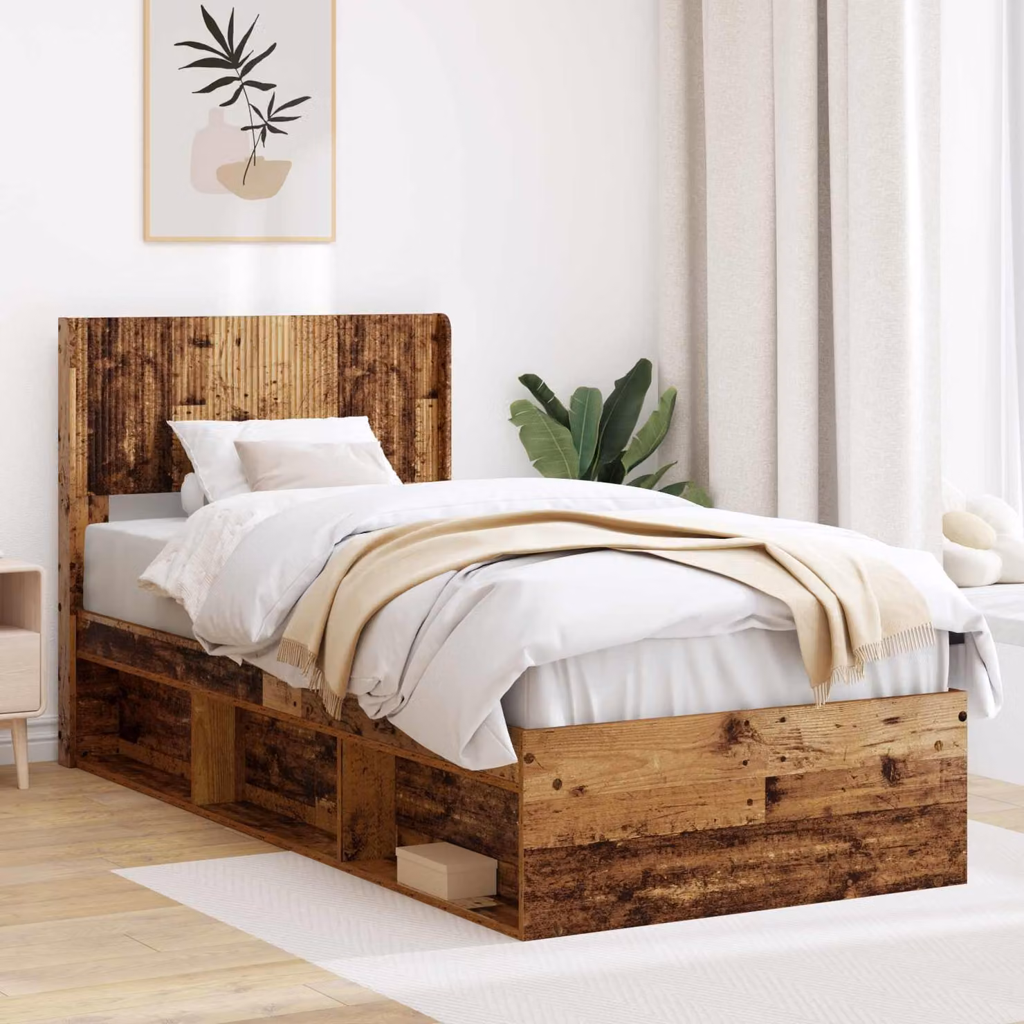 Struttura letto con testata e contenitore laterale vidaXL in legno color marrone, L/P/H: 190 x 90 x 97 cm