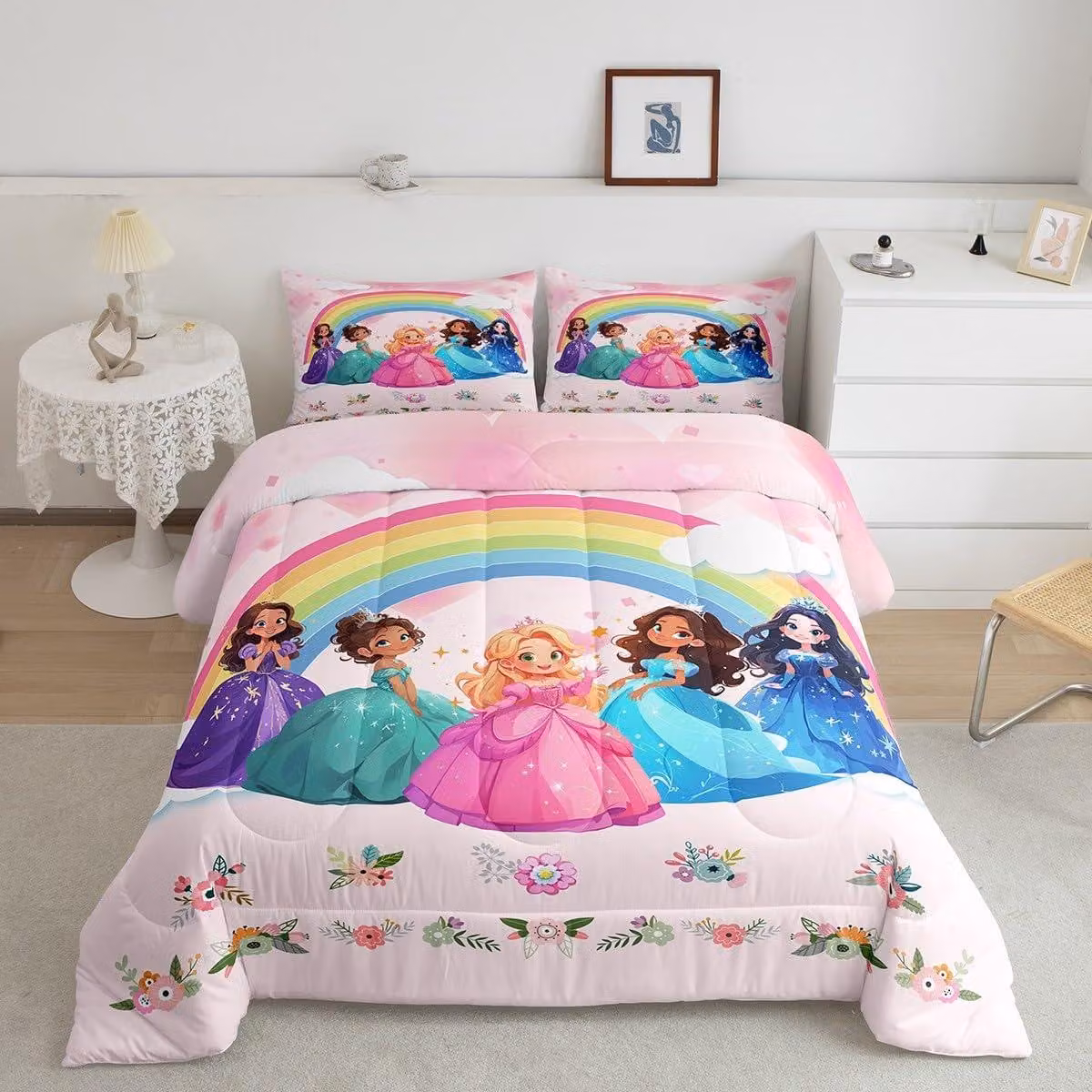 Set di lenzuola per letto matrimoniale, motivo principessa, arcobaleno, microfibra, 3 pezzi