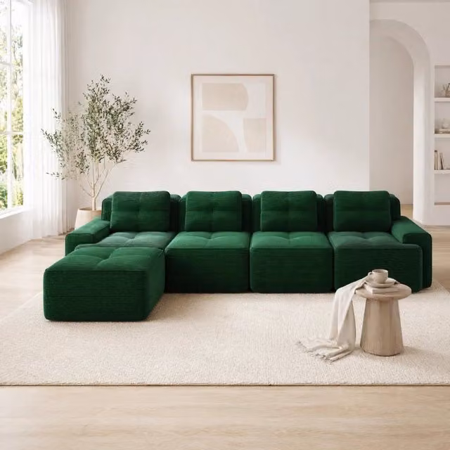 Divano modulare 4 posti con chaise longue a L; senza montaggio; in velluto a coste verde