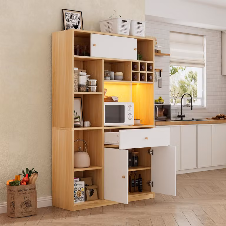 okwish Mobile da cucina Mobile alto con illuminazione a LED e ripiani aperti, mobile da cucina aggiuntivo con chiusura di sicurezza, Bianco+Naturale