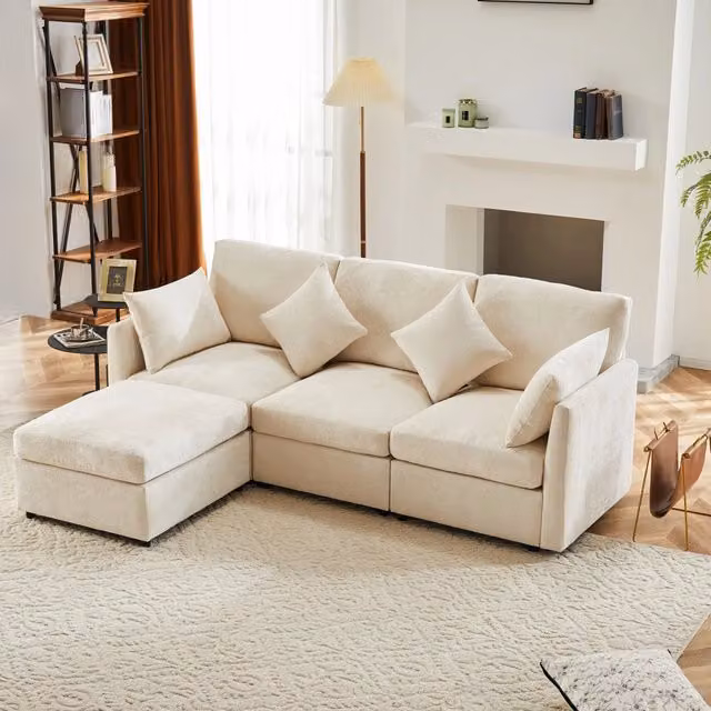 Divano angolare modulare 3 posti con pouf mobile e 4 cuscini per soggiorno in ciniglia beige 216 × 161 × 81 cm