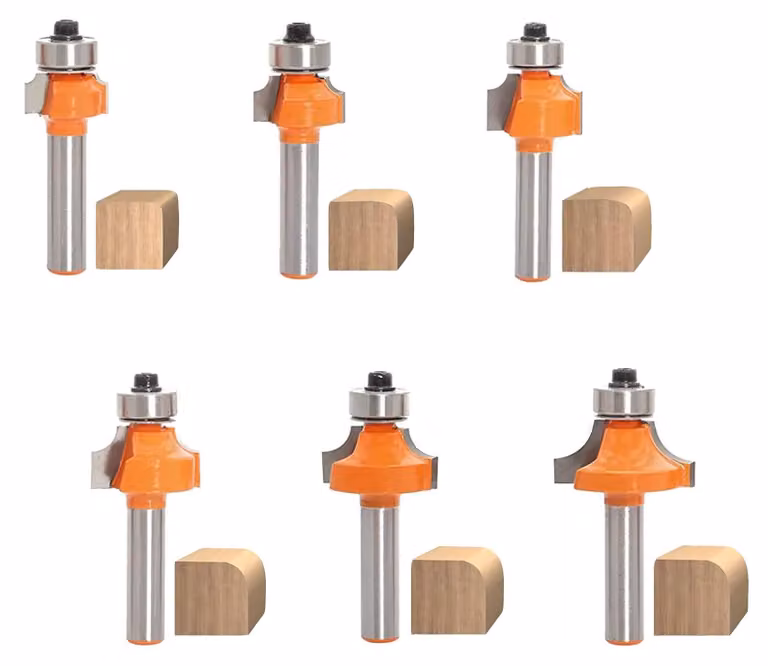 Set di 6 frese a smusso, attacco 8 mm, raggio da 2 a 8 mm, per lavorazione del legno
