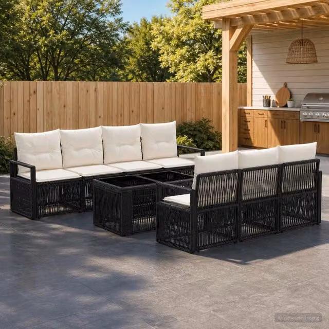 Set Divano da Giardino a L con Polyrattan vidaXL, 8 Pezzi, Nero e Bianco Crema, con Tavolino e Cuscini – 1