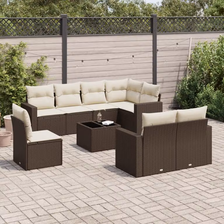 Set di Divani da Giardino vidaXL 9 Pezzi con Cuscini e Tavolino, Design a L in Polyrattan Marrone e Bianco con Struttura in Metallo