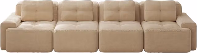Divano modulare 4 posti in velluto di cotone beige, senza gambe, con seduta profonda e base antiscivolo
