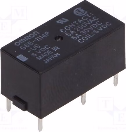 1 relè: bobina elettromagnetica; tensione: 5 VDC; corrente: 5 A / 250 VAC; modello: Mini -1114P-US; tipo: relè elettrico a 5 VDC