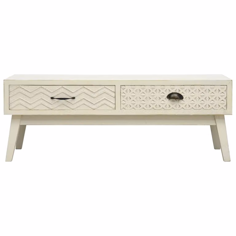 Tavolino con 2 cassetti intaglio grigio 110x50x40 cm legno
