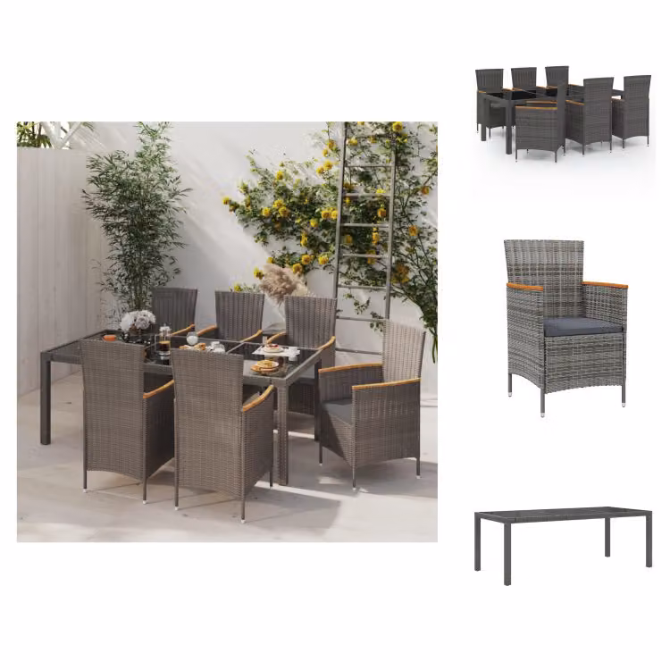 vidaXL set da pranzo da giardino 7 pezzi con cuscini in poly rattan nero e grigio - Set di mobili da giardino
