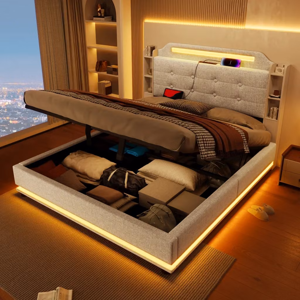 Letto contenitore Mivray in lino beige con sollevamento idraulico, illuminazione LED, porte USB e Type-C e vani laterali, L/P/H: 140 x 200 x 65 cm – 2
