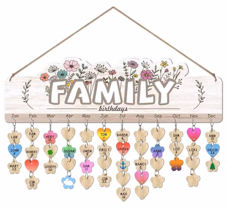 Calendario commemorativo per compleanni in legno - Fiori di campo