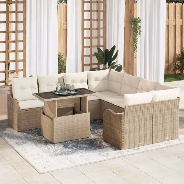 Set Divano da Giardino vidaXL a 9 Pezzi con Polyrattan e Cuscini Beige e Bianco per 8 Persone