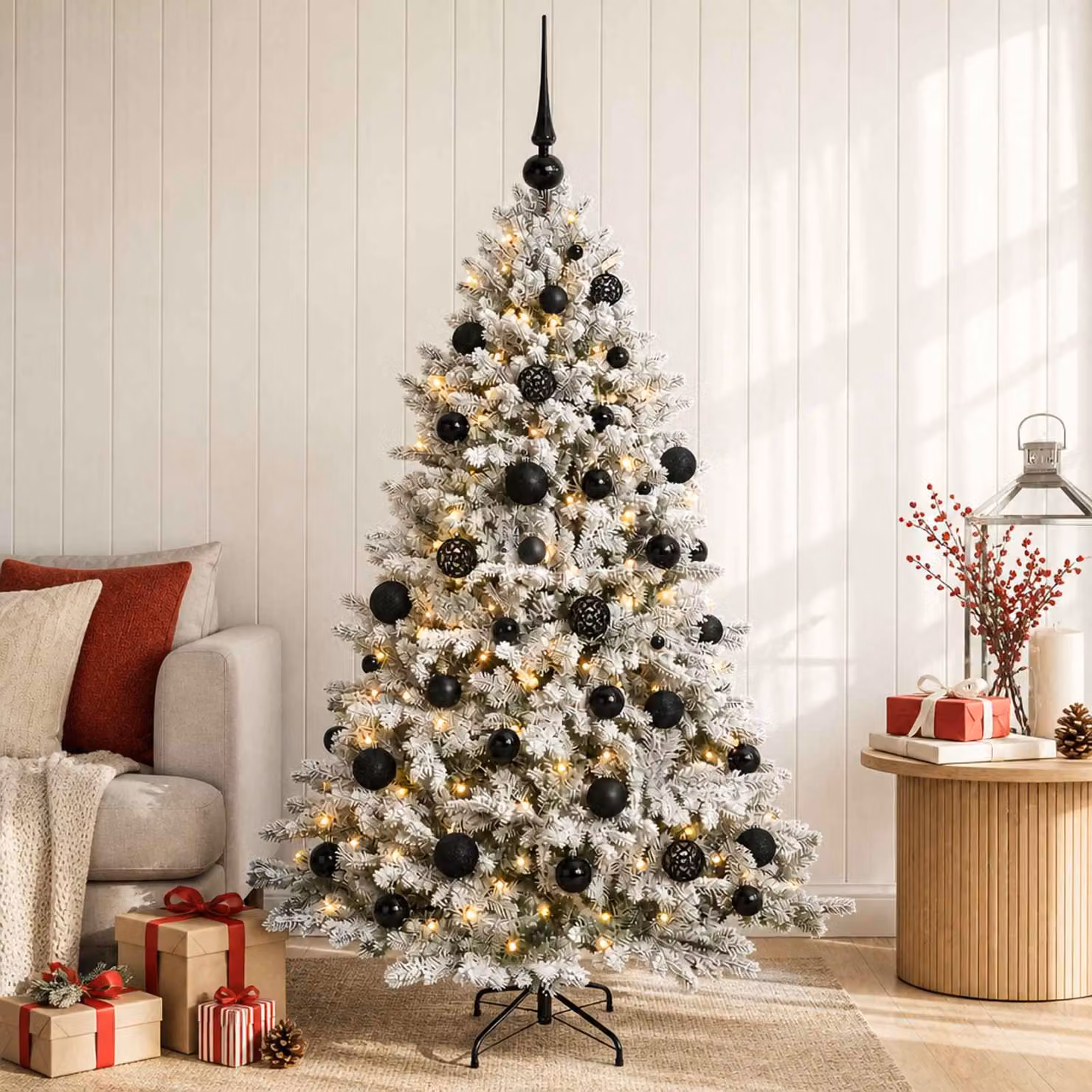 Albero di Natale Artificiale a Cono vidaXL Verde con 150 LED Bianco Caldo e Decorazioni Bianche, Altezza: 150 cm