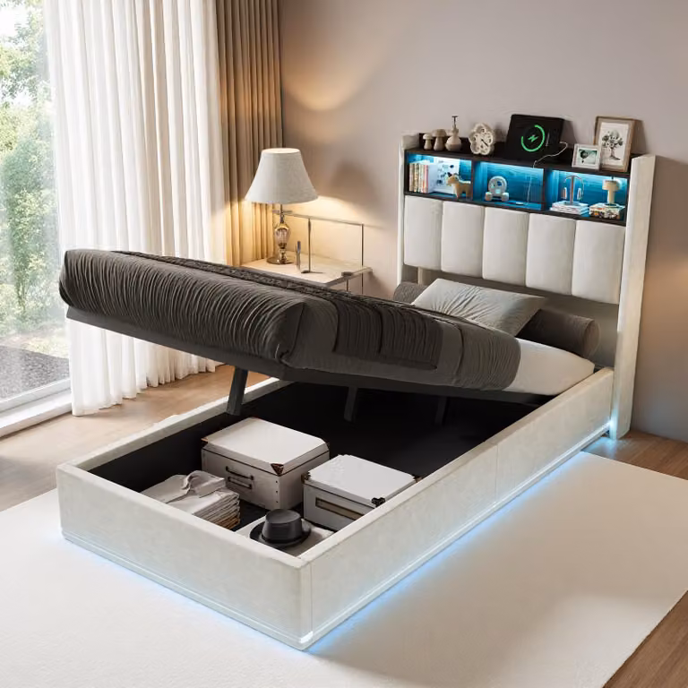UnboxG Letto imbottito 90x200 cm con USB, letto singolo per ragazzi con rete a doghe e contenitore, letto contenitore con LED, velluto, bianco