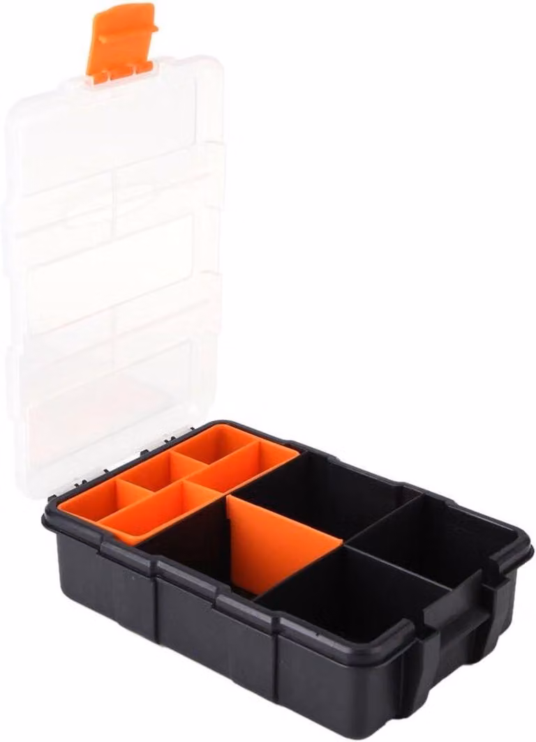 Valigetta per utensili in plastica sostenibile, con due scomparti per piccoli oggetti e per una migliore organizzazione