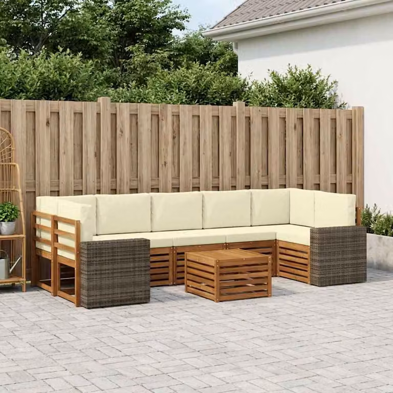 Set di divani da esterno vidaXL 8 pz in legno di acacia con cuscini, colore beige, bianco e marrone