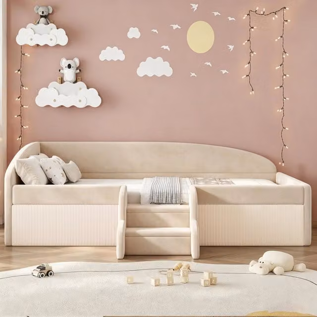 Letto imbottito per bambini WISHDOR in velluto beige con sponde e scalini, struttura con rete a doghe, L/P/H: 190 x 90 x 33 cm
