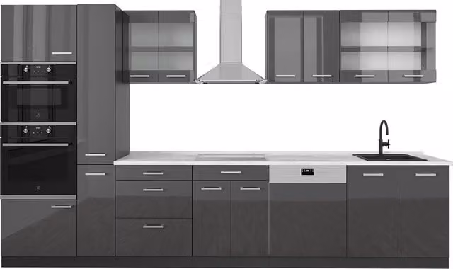 Cucina moderna R-Line Vicco colore antracite lucido con piano in marmo, L: 350 cm
