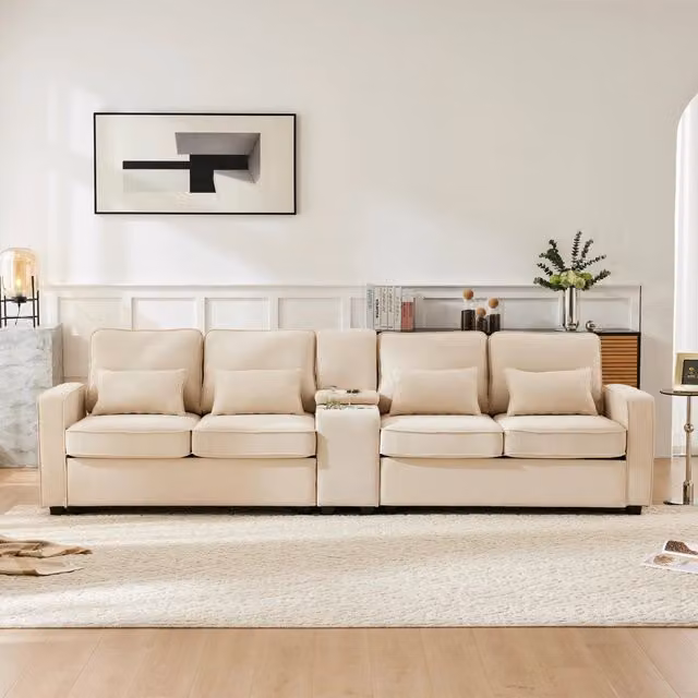 Divano 4 Posti in Tessuto con Braccioli, Cuscini, USB e Portabicchieri ¨C MINIMAL ¨C Beige/Grigio