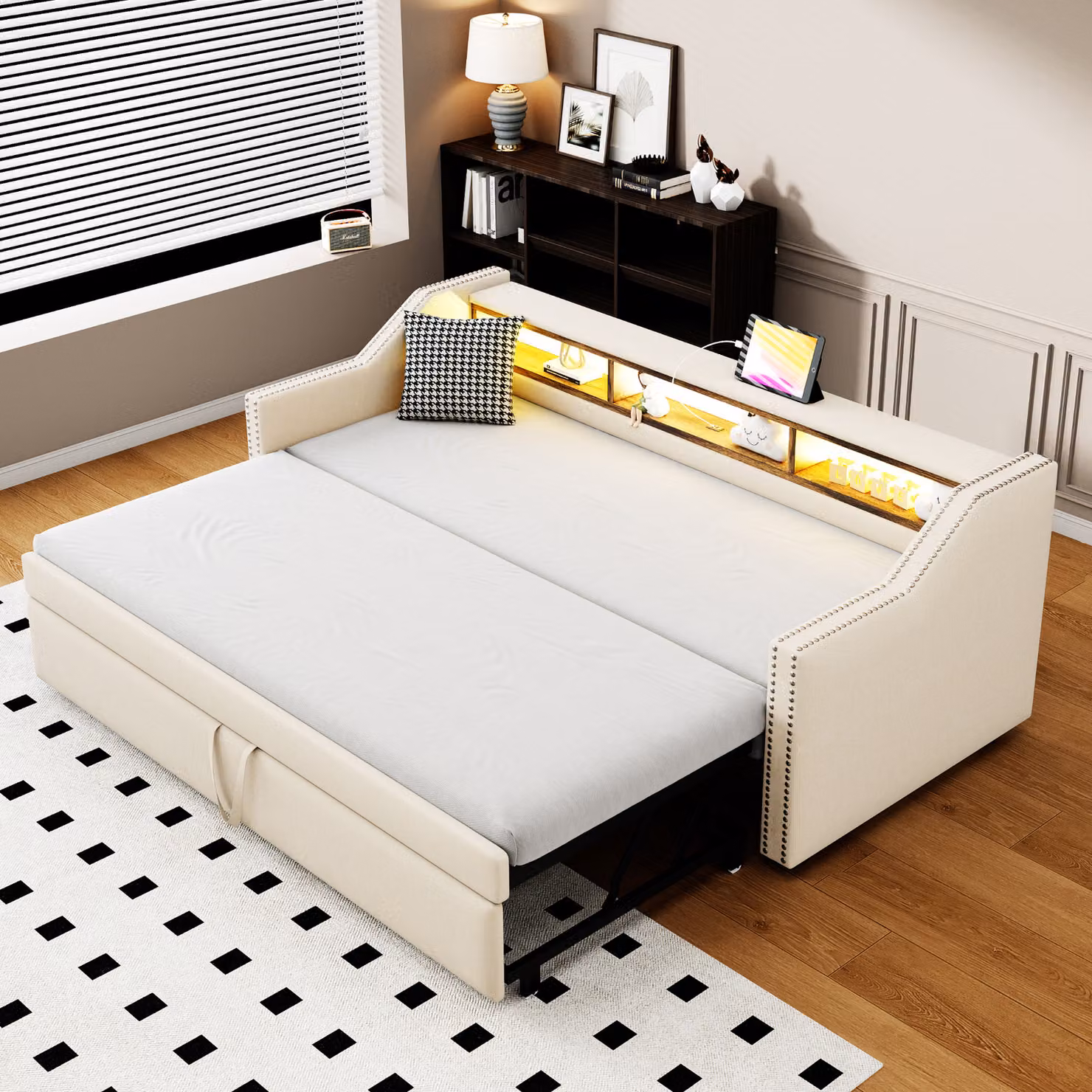 Divano letto STILVORA 90/180x190. Divano letto trasformabile con illuminazione LED e presa USB. Struttura del letto con rete a doghe in legno. Senza materasso. Colore: beige