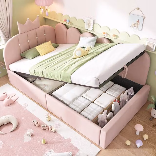 Letto Imbottito Daybed con Contenitore Idraulico ¨C MINIMAL ¨C Velluto Rosa 90x200