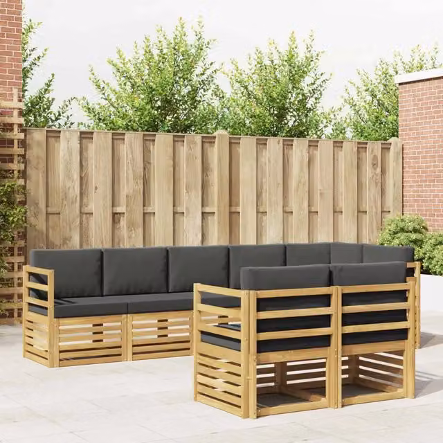 Set di divani da esterno a L vidaXL in legno di acacia con cuscini, Bianco e Antracite – 1