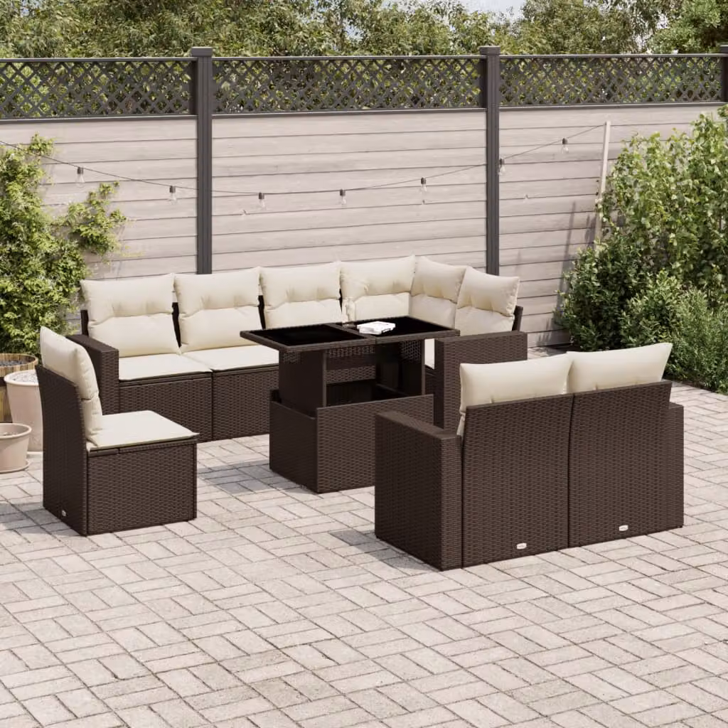 Set di Divani da Giardino a L vidaXL in Polyrattan Marrone con Cuscini Bianchi e Tavolino da Esterno – 1
