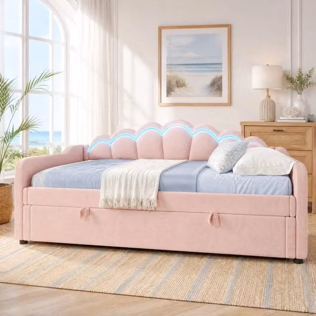 Divano letto singolo 90x200 cm in velluto rosa con contenitore; LED e testiera ondulata