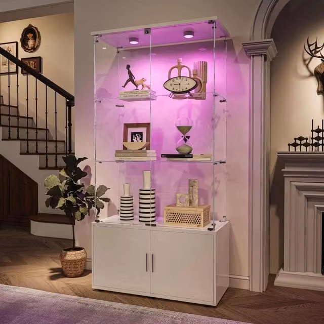 Vetrina in Vetro con LED e Serratura; Libreria a 4 Ripiani in Vetro Temperato con Mobiletto in Legno; 78;51x35x164 cm; per Soggiorno; Bianco