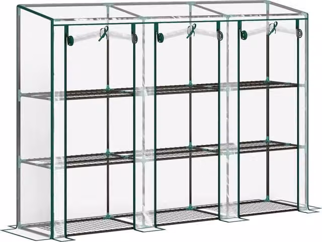 Outsunny Serra da giardino con ripiani a 3 livelli e 3 porte con zip, verde, L/P/H: 215 x 46 x 151 cm