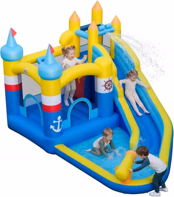 Castello Gonfiabile per Bambini, Casa Gonfiabile con Piscina Splash, Cannone d'Acqua, Area di Rimbalzo, Scivolo Lungo, Parete d'Arrampicata, per Bambini 3-12 Anni (Senza Soffiatore)