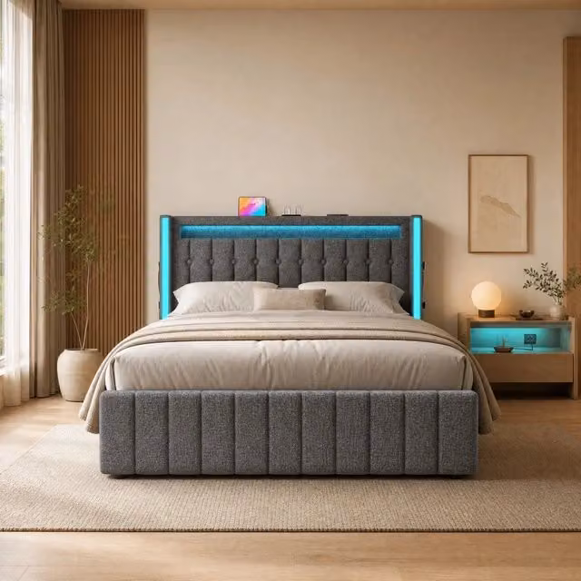 Letto matrimoniale 160x200 cm in tessuto grigio con LED; USB e 4 cassetti
