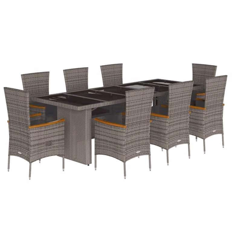 Set da Pranzo da Giardino 9 pz con Cuscini in Polyrattan Grigio