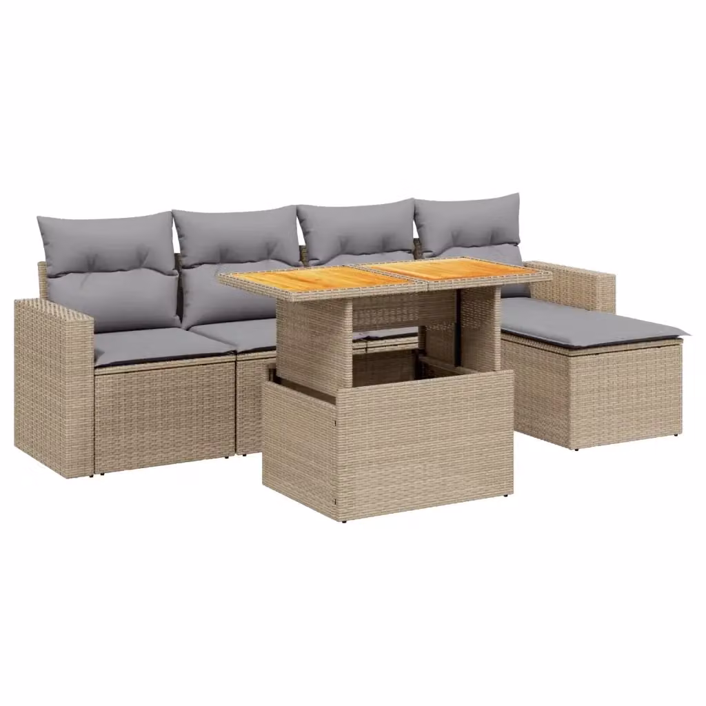 vidaXL Set Divano da Giardino a L con Ottoman e Tavolino da Caffè, 6 Pezzi, Colore Grigio e Beige, in Polyrattan e Legno di Acacia – 2