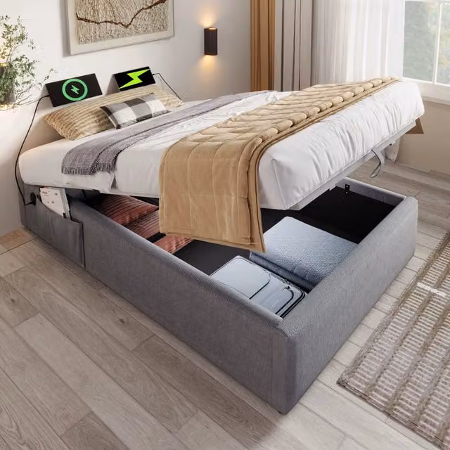 Letto contenitore singolo OKWISH in tessuto grigio con porta USB, tasca laterale e base a sollevamento, L/P/H: 90 x 190 x 30,5 cm – 1