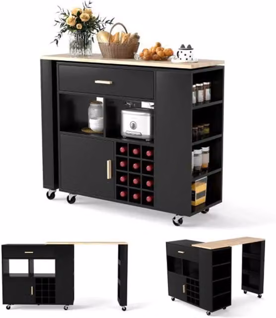 Carrello di servizio reversibile per isola cucina in legno di caucciù nero con vano contenitore e ruote, stile moderno, L 120 x P 40 x H 100 cm
