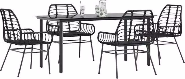 Set Mobili da Pranzo per Giardino 5 pz Nero Polyrattan Vetro 3334537