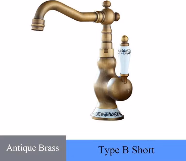 Miscelatore da cucina/bagno in porcellana bianca e blu - Miscelatore monocomando in ottone anticato - Bocchetta girevole a 360° - Acqua calda e fredda - Monocomando, foro singolo - Montaggio a incasso - Modello B Short