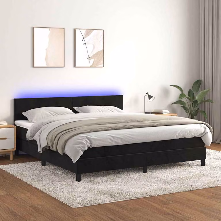 Letto a Molle con Materasso Ibrido vidaXL in Velluto Nero con Illuminazione LED e Porte USB L/P/H: 203 x 160 x 88 cm