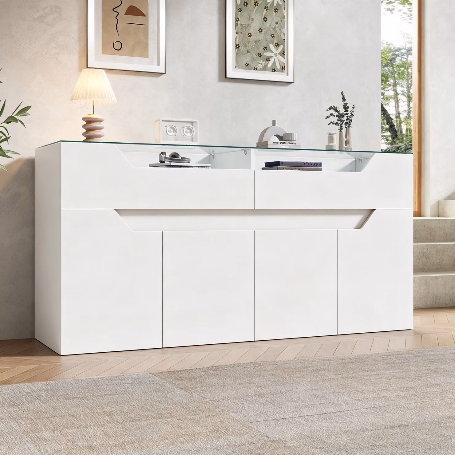 Comodino Merax con piano in vetro, mobile contenitore a 2 cassetti, mobile da salotto in MDF effetto legno, portata massima 30 kg, bianco
