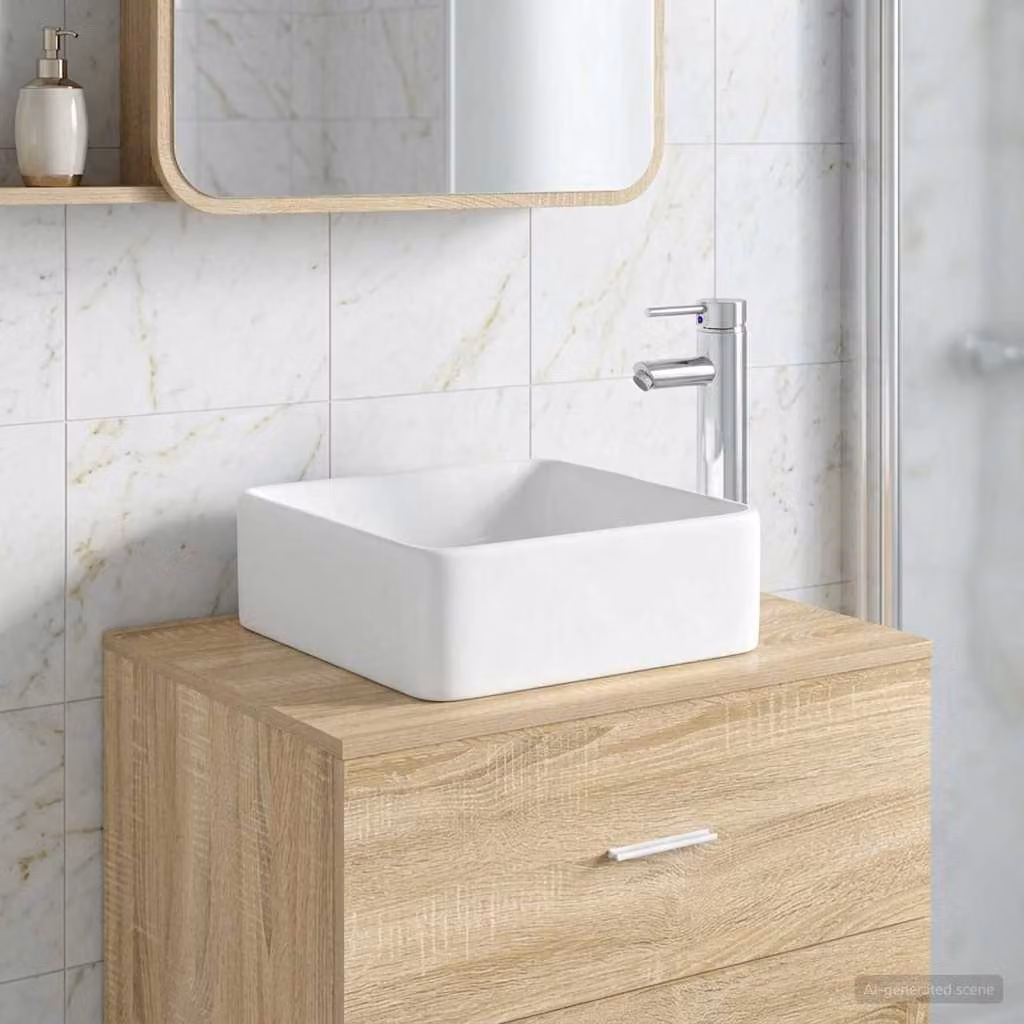 Lavabo quadrato in ceramica bianca con rubinetto e scarico cromato vidaXL L/P/H: 49 x 37 x 14 cm